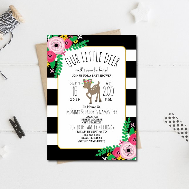 Boho Deer Floral Striped Baby Shower Invitation (Creator Uploaded)
