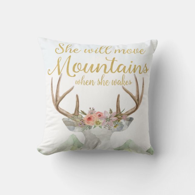 Boho Deer Move Mountains Baby Girl Nursery Pillow (Front)