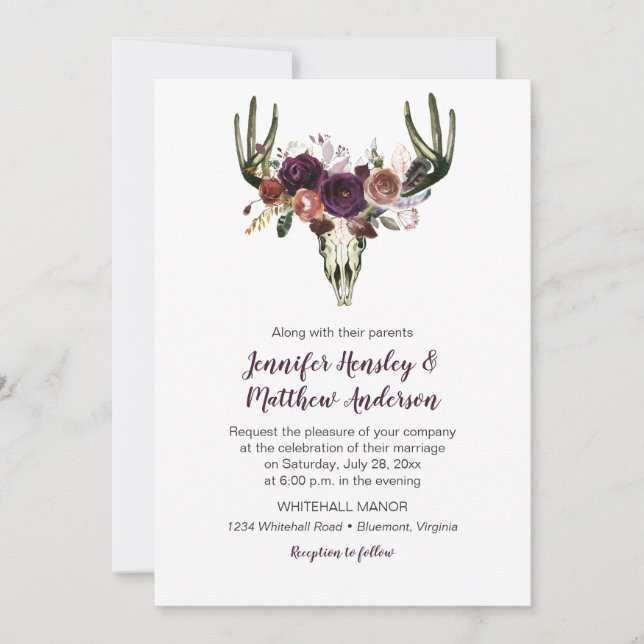 Boho Deer Skull Dark Purple Floral Bouquet Wedding Invitation (Front)