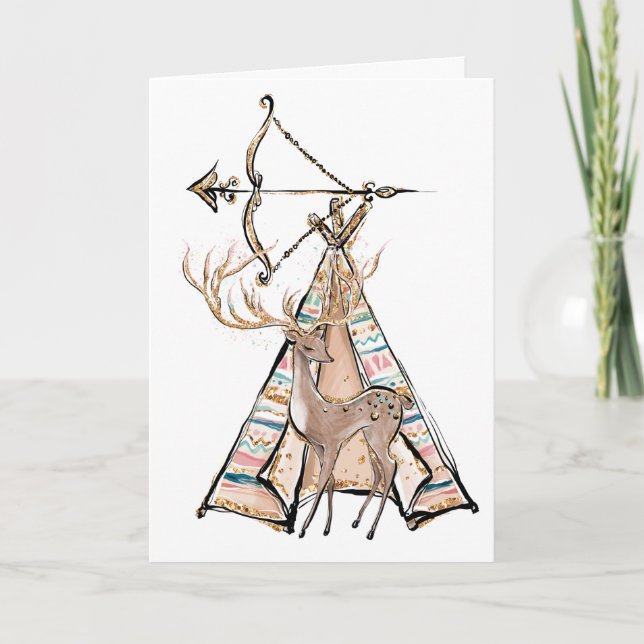 Boho Deer Tent Happy Birthday Card (Front)