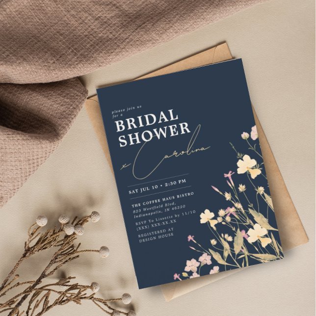 Boho Delicate Wildflowers Navy Bridal Shower Invitation (Creator Uploaded)