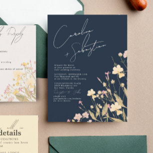 Boho Delicate Wildflowers Navy Wedding Invitation