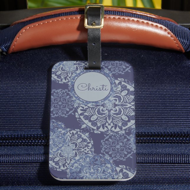 Boho Denim Moody Blues Mandalas Luggage Tag (Front Insitu 2)