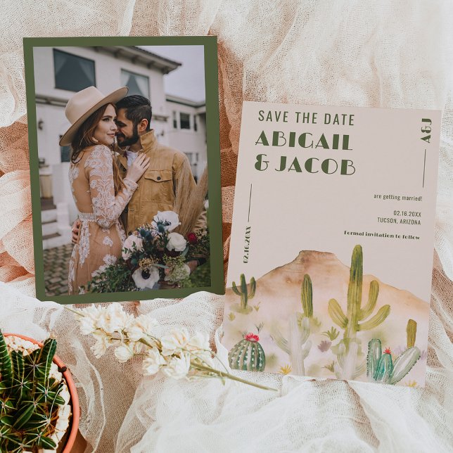 Boho Desert Cactus Arizona Destination wedding Save The Date (Boho Desert Cactus Arizona Destination wedding Save The Date on beige)