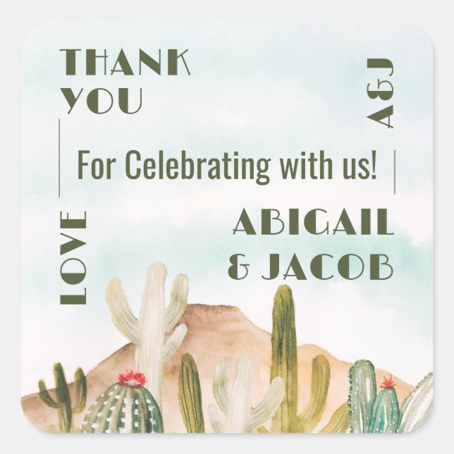 Boho Desert Cactus Arizona Destination Wedding Square Sticker (Front)