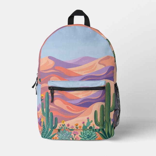 Boho Desert Cactus Backpack – Peach & Violet (Front)