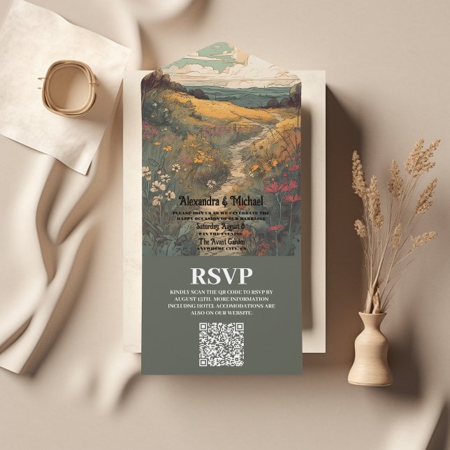 Boho Desert Cactus Illustrated Wedding QR Code All In One Invitation (Creator Uploaded)
