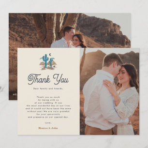 Boho Desert Cactus Retro Arizona 2 Photo Wedding Thank You Card