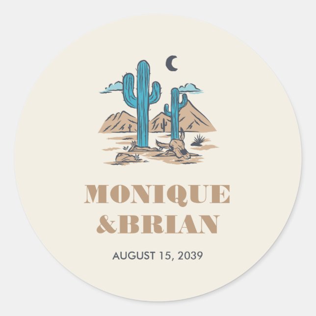 Boho Desert Cactus Southwestern Arizona Wedding Classic Round Sticker (Front)