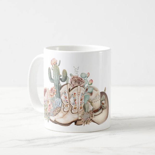 Boho desert cowgirl cowboy boots cowboy hat coffee mug (Front Left)