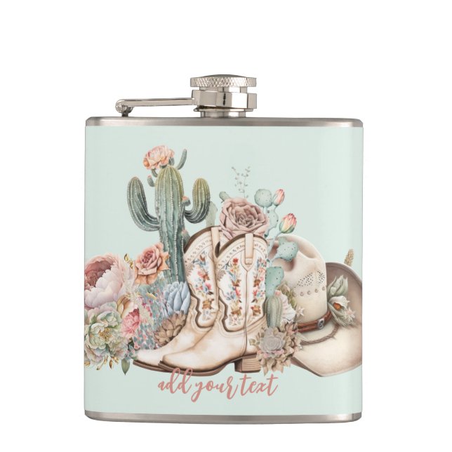 Boho desert cowgirl cowboy boots cowboy hat hip flask (Front)