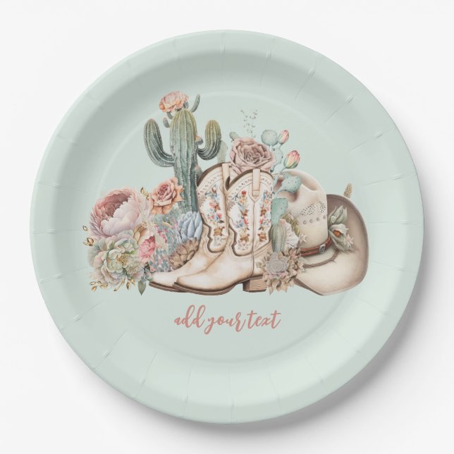 Boho desert cowgirl cowboy boots cowboy hat paper plate (Front)