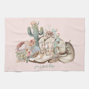 Boho desert cowgirl cowboy boots cowboy hat tea towel
