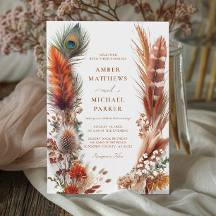 Boho Desert Feather Pampas Wedding Invitation