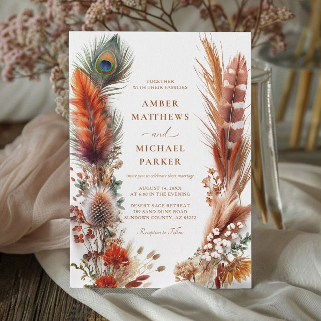 Boho Desert Feather Pampas Wedding Invitation (Creator Uploaded)