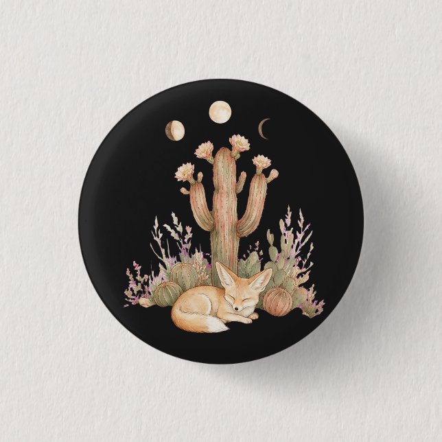 Boho Desert Fennec Fox Sleeping Under Saguaro Cact 3 Cm Round Badge (Front)