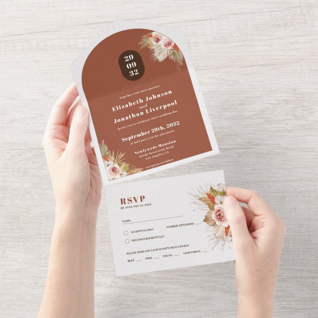 Boho desert floral arch frame terracotta all in one invitation (Tearaway)