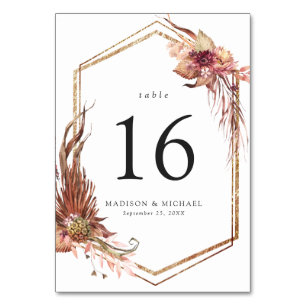 Boho Desert Floral Gold Frame Wedding Table Number