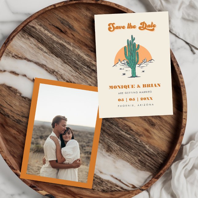 Boho Desert Groovy Retro Cactus & Photo Wedding Save The Date (Creator Uploaded)