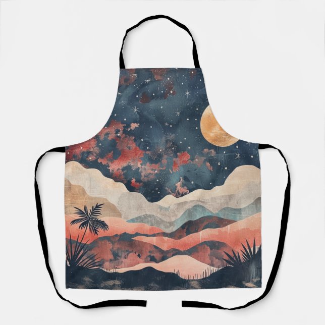Boho Desert Moon Indigo Copper Celestial Landscape Apron (Front)