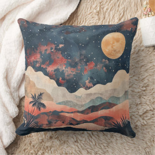 Boho Desert Moon Indigo Copper Celestial Landscape Cushion