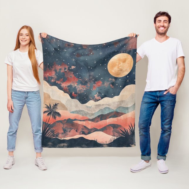 Boho Desert Moon Indigo Copper Celestial Landscape Fleece Blanket (In Situ)