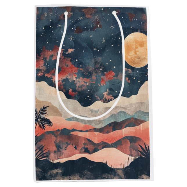 Boho Desert Moon Indigo Copper Celestial Landscape Medium Gift Bag (Front)