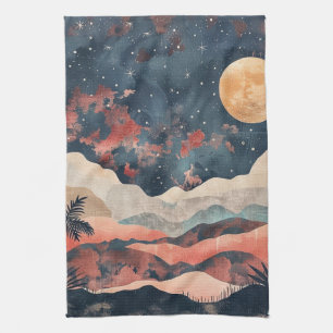 Boho Desert Moon Indigo Copper Celestial Landscape Tea Towel