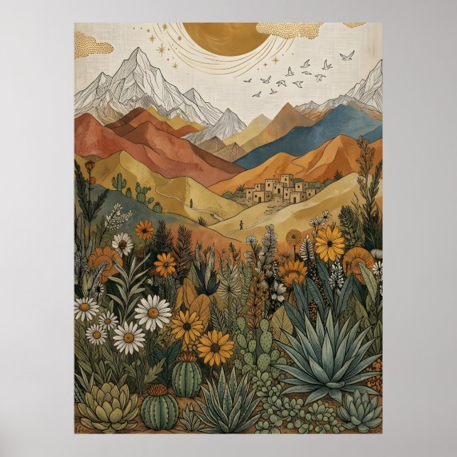 Boho Desert Mountain Cactus Pueblo Sun Poster (Front)