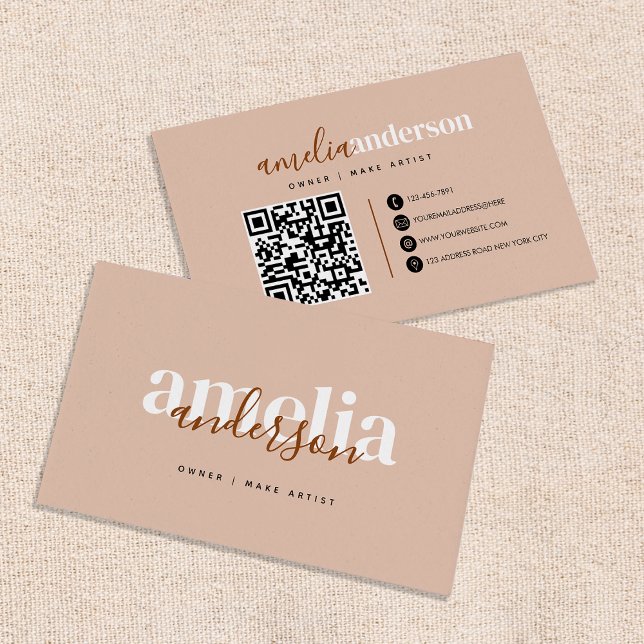 Boho Desert Rose Beige Script QR Code Business Card (Creator Uploaded)