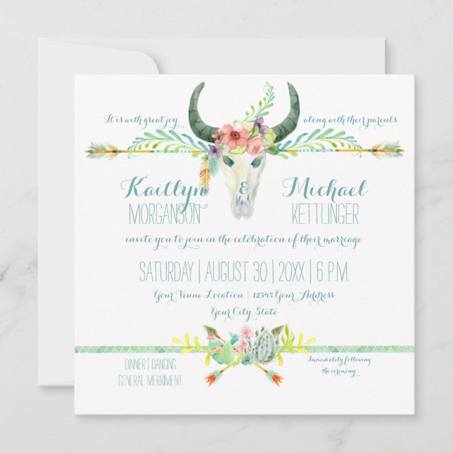 BOHO Desert South West Wood Floral Cow Skull Arrow Invitation (Front)