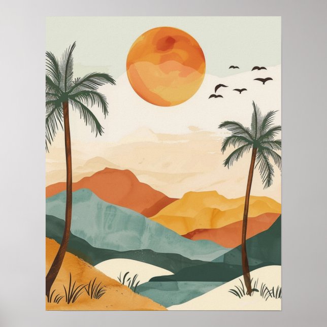 Boho Desert Sunset Landscape Wall Art Print (Front)