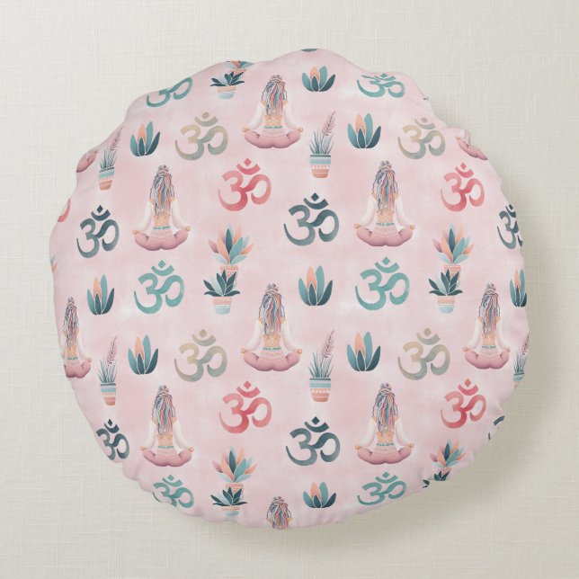 Boho Design Woman with Dreadlocks Meditation OM Round Cushion (Back)