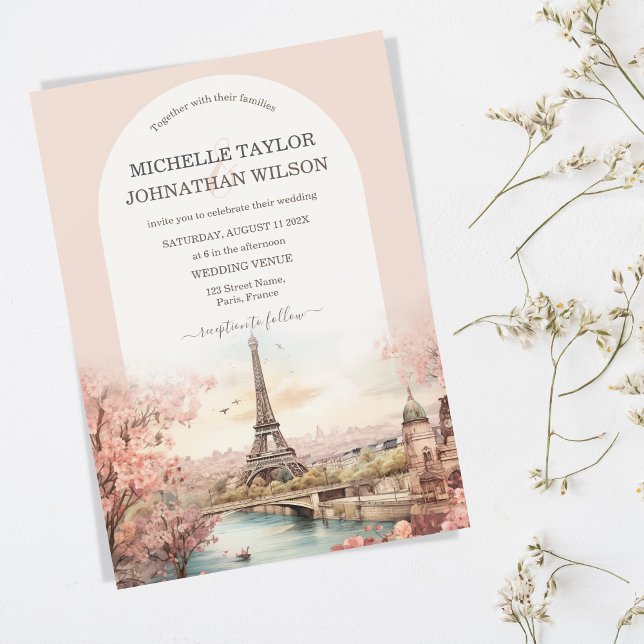 Boho Destination Wedding Paris Eiffel Tower France Invitation (boho paris watercolor blush pink)