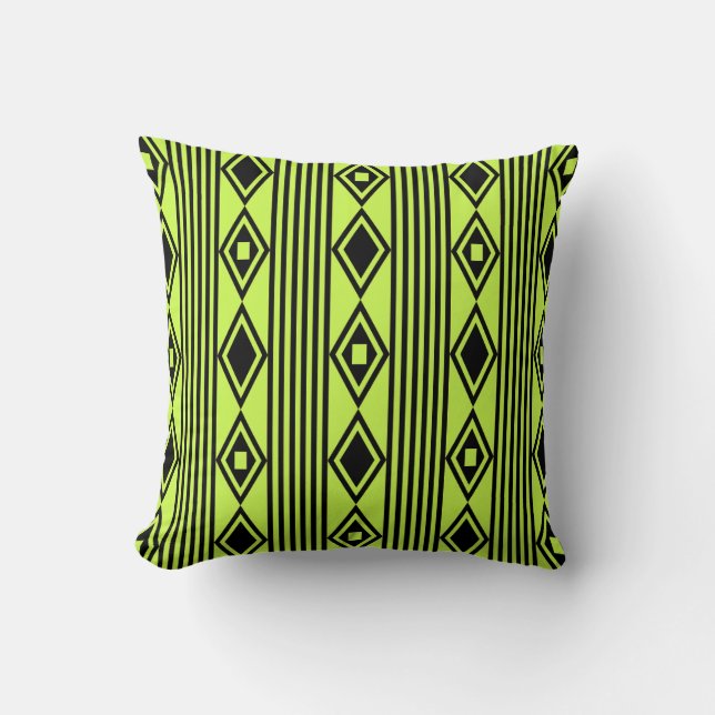 Boho Diamonds Stripes Black Chartreuse Cushion (Front)