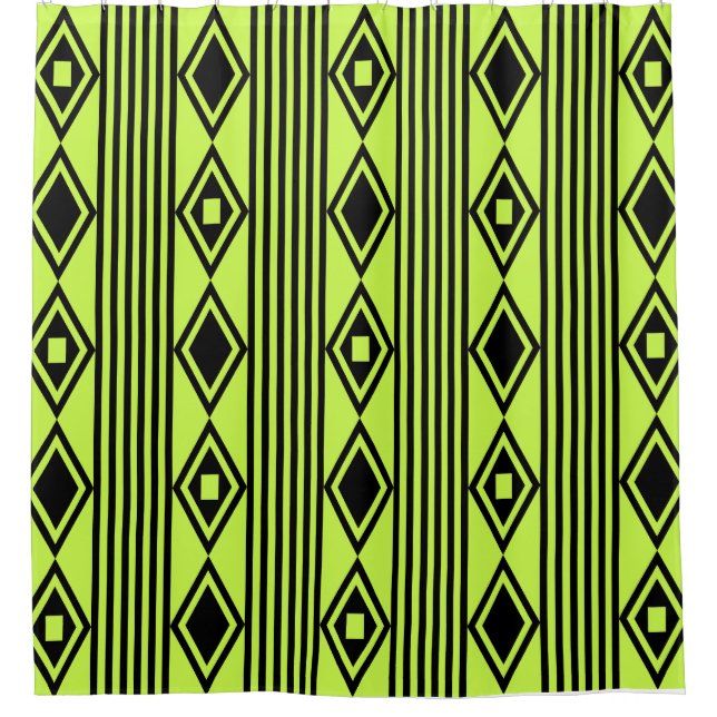 Boho Diamonds Stripes Black Chartreuse Shower Curtain (Front)