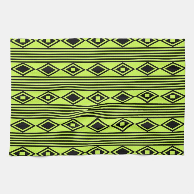 Boho Diamonds Stripes Black Chartreuse Tea Towel (Horizontal)