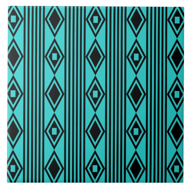 Boho Diamonds Stripes Black Turquoise Ceramic Tile (Front)