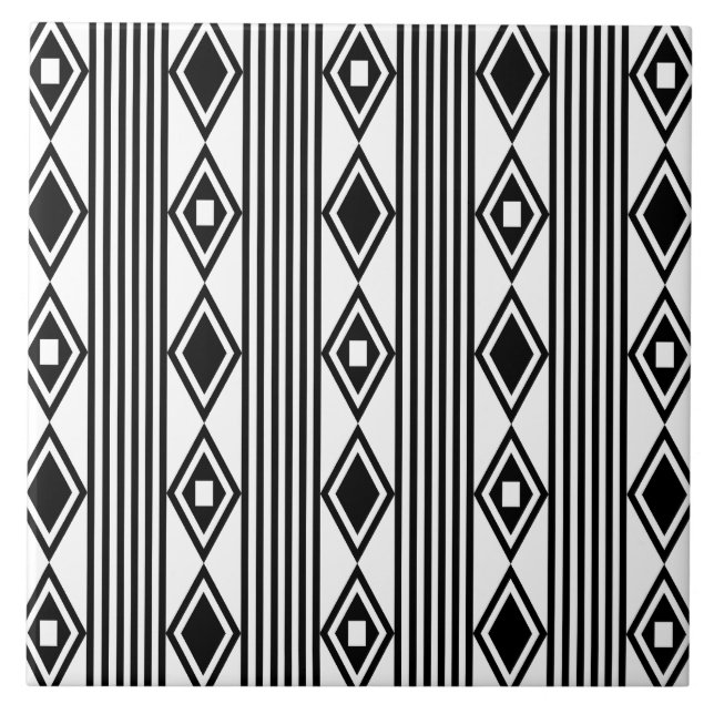 Boho Diamonds Stripes Black White Ceramic Tile (Front)