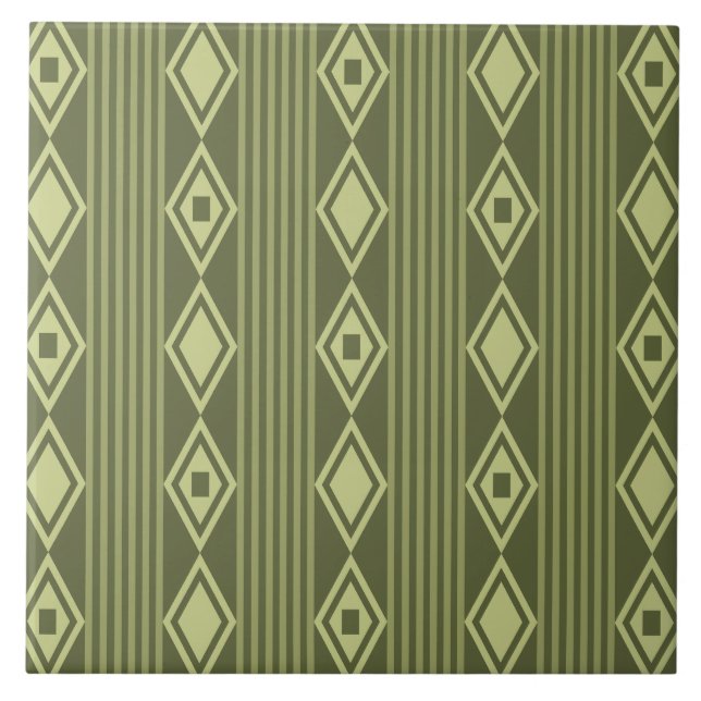 Boho Diamonds Stripes Olive Green Ceramic Tile (Front)