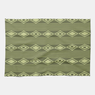 Boho Diamonds Stripes Olive Green Tea Towel
