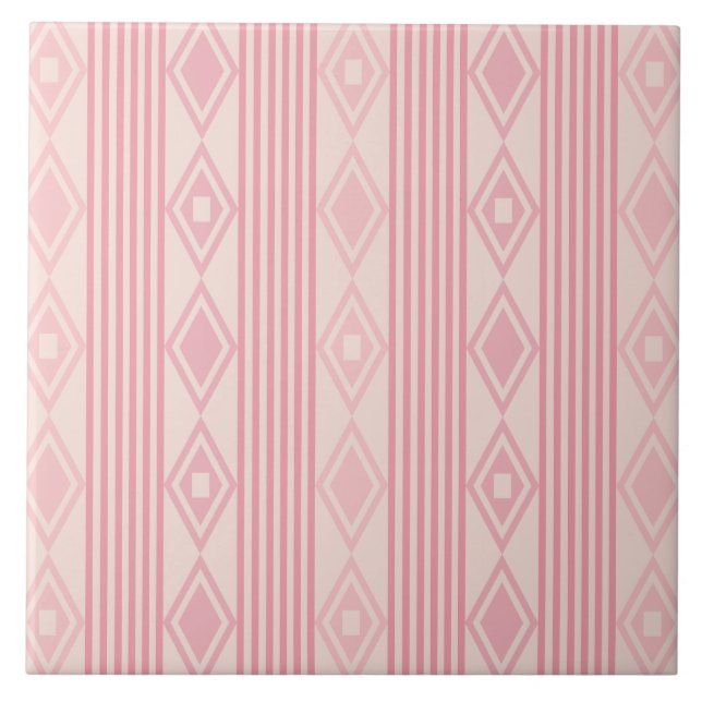 Boho Diamonds Stripes Pink Vanilla Ceramic Tile (Front)