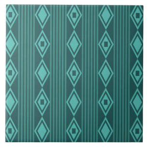 Boho Diamonds Stripes Teal Ceramic Tile
