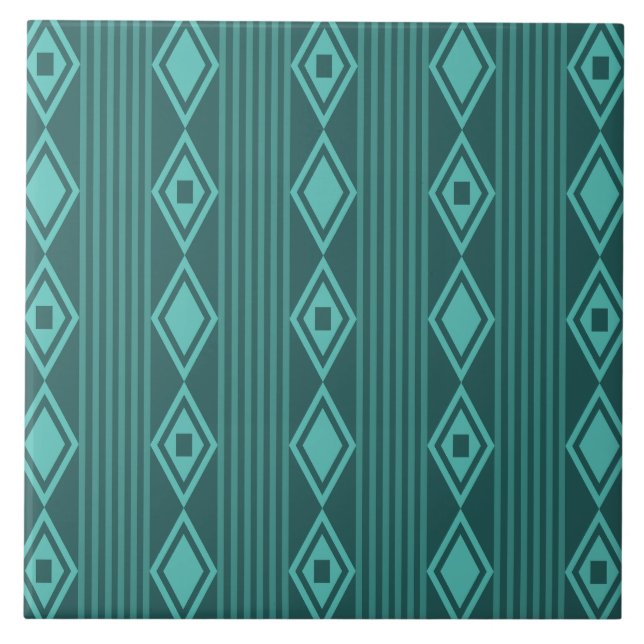 Boho Diamonds Stripes Teal Ceramic Tile (Front)