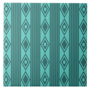 Boho Diamonds Stripes Turquoise Ceramic Tile