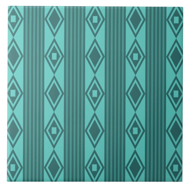 Boho Diamonds Stripes Turquoise Ceramic Tile (Front)