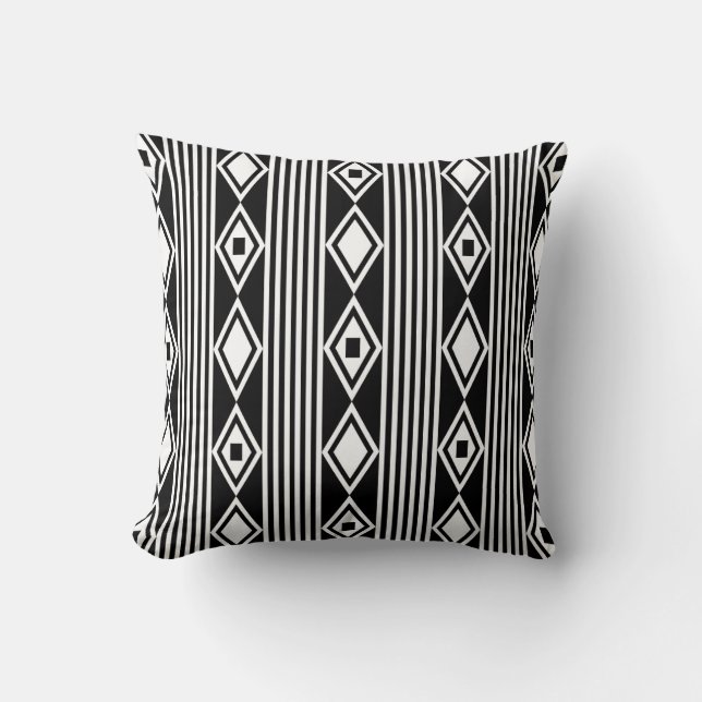 Boho Diamonds Stripes White Black Cushion (Front)