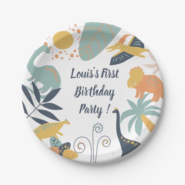 Boho Dinosaur Baby Birthday Party Paper Plate (Front)