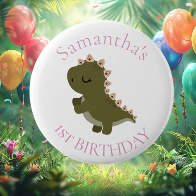 Boho Dinosaur Baby Girl 1st Birthday  6 Cm Round Badge (Experience the magic of the Dinosaur Button! )