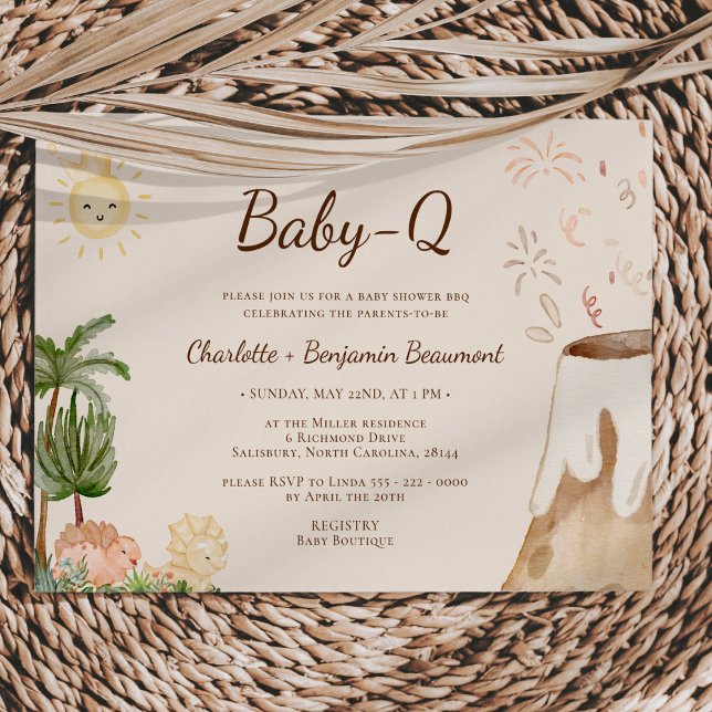 Boho Dinosaur Beige Baby-Q BBQ Baby Shower Invitation (Creator Uploaded)